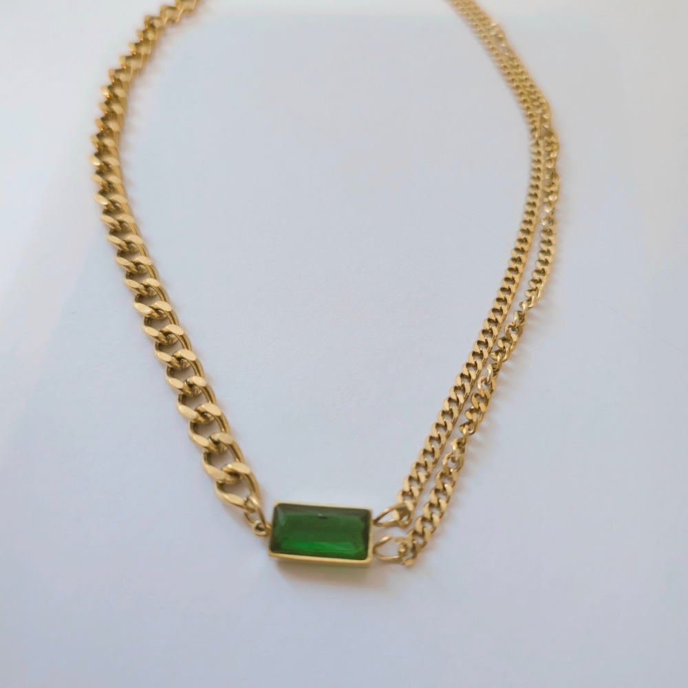 Gold Plated Asymmetrical Curb Chain Necklace Emerald Green Crystal 16-18 Inch